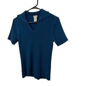 St John's Bay Medium V Neck Collared Navy Ribbed Short Sleeve Shirt